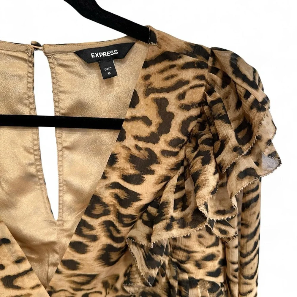 Express Leopard Print Ruffle V-Neck Peplum Blouse - Brown - Picture 5 of 7